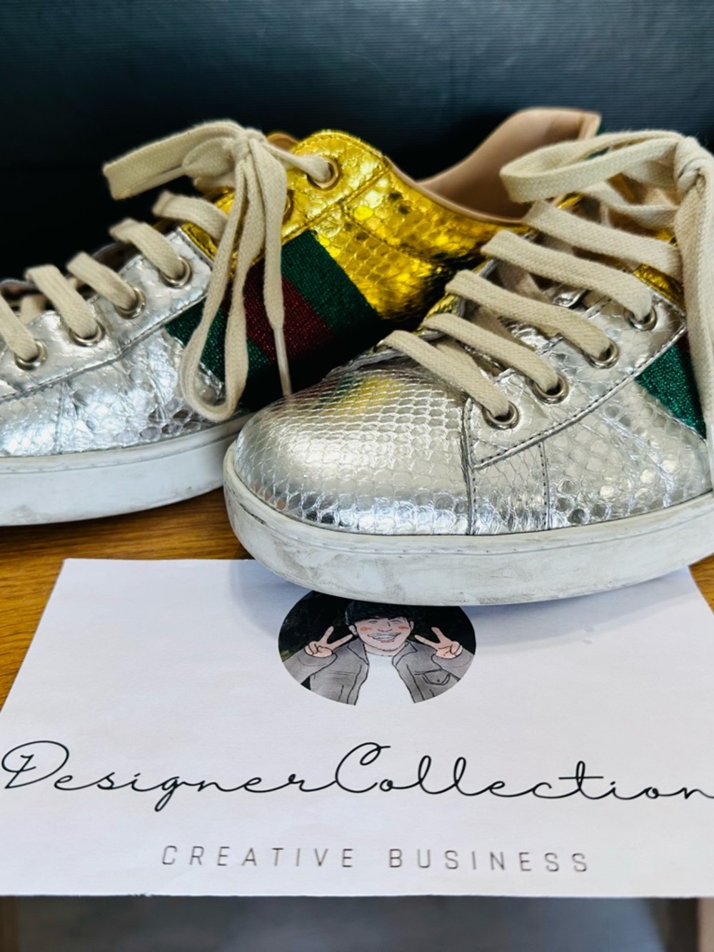 GUCCI New Ace Metallic Snakeskin Sneakers. Size 8. US 8.5 - Picture 2 of 9